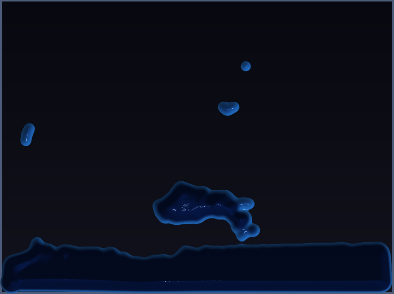 Fluid simulation — droplets and blobs mid-splash